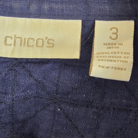 Chico's Quilted Jacket Blue Tie Dye Shibori Open Front Embroidered Sz 3 (XL) - Picture 5 of 8